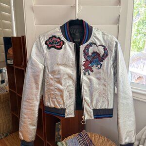 PINKO Silver Metallic Embroidered Bomber Jacket - Phoenix & Rose Patches XS